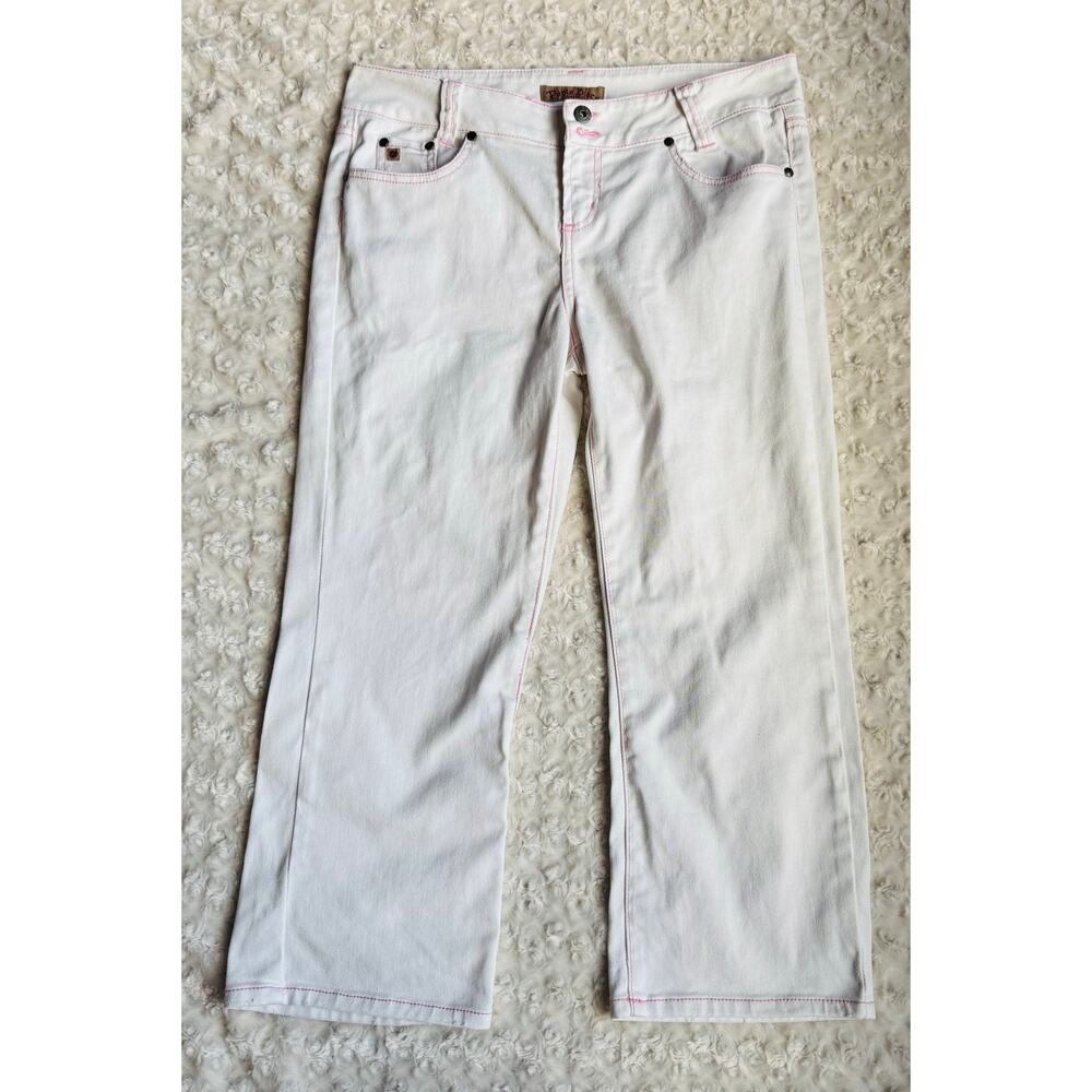 Paris Blues Women Juniors White Denim Pink Stitching Cropped Cotton Jeans Sz 11